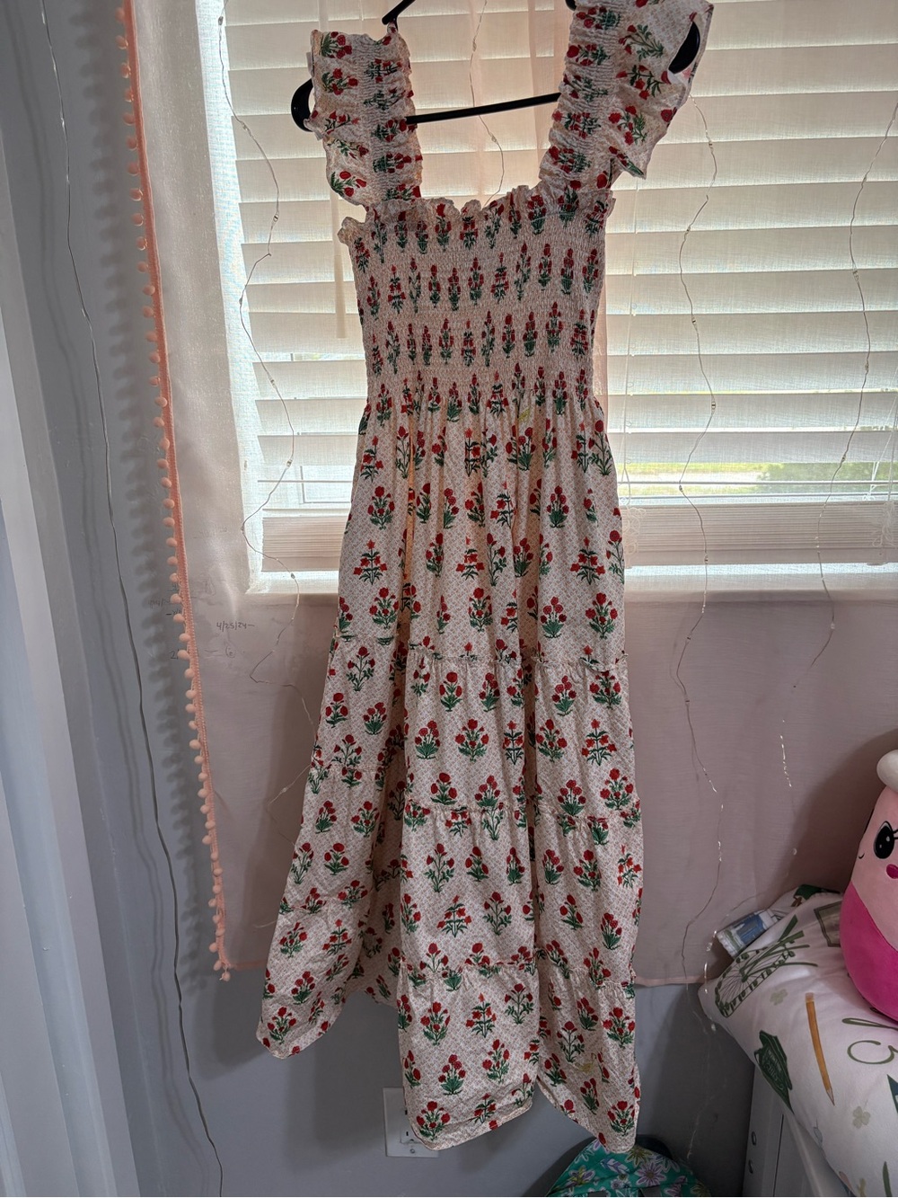 Hill House Cream Floral Smocked Sundress with Red & Green Print